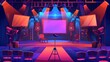 Setup for a talent show in a big hall with microphones, loudspeakers, a large screen, chairs for judges and audience, spotlights and television cameras. Cartoon modern illustration of an empty
