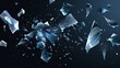 A realistic modern illustration of a crashed, beaten, and flying shard of ice scattered across a broken and exploded glass surface, accompanied by sharp pieces of blue crystal or mirror.