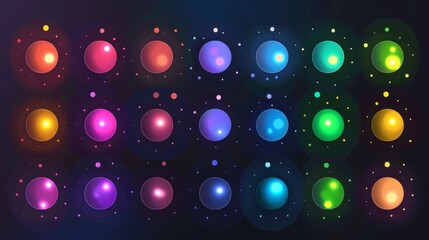 Poster - An abstract picture of color gradient dots isolated on a transparent background. It features light refraction effects, holographic blurred circles, and vibrant design elements.