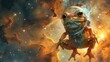 A frog astronaut floating gracefully in zero gravity with a tiny space helmet and a jetpack against the backdrop of a breathtaking nebula galaxy universe