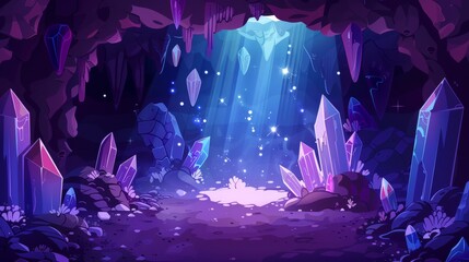 Wall Mural - A dark fairytale dungeon inside with gemstone crystals in its rocky walls, with rays of moonlight passing through it from above. Cartoon modern illustration of a fantasy dungeon inside with gem