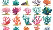 Modern illustration set of different underwater ocean plants and reefs. Tropical creatures on the seabed or in an aquarium. Undersea flora elements. Unique underwater plants set.