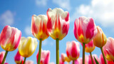 Fototapeta Tulipany - Red and Yellow Tulips Against Blue Sky