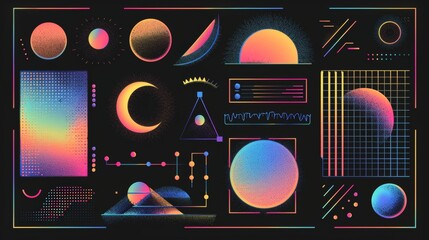Poster - Modern set of banner template with abstract gradient borders in 90s and 2000s aesthetic created with holographic frames, grids, and tribal elements.