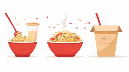 Noodles ready to eat in a red bowl, paper box, and plastic cup with steam. Cartoon modern illustration of traditional Asian food for lunch in a dish and takeaway package.