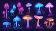 Mushroom sticker collection. Cartoon bright neon fluorescent psychedelic fantasy fungus on grass with a magic fairy alien glowing hallucinogen.