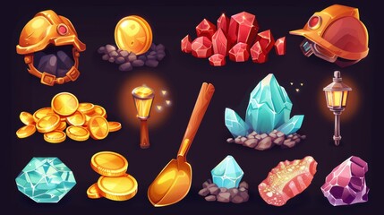 Wall Mural - Cartoon modern set of treasure miner game icons: pile of golden coins, red sparkling gems, shovel with wooden handle, helmet with lamp.