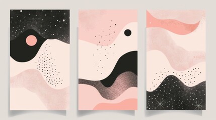 Poster - The poster template is designed in 2000s style with black and white stars on a pastel soft gradient background. Set of minimalistic banners with geometry form in a 2000s aesthetic.