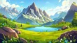 Mountainous landscape with pond and green grass on a sunny day. Cartoon modern scenery on high rocky hills with clouds. Countryside scene with mountain and water hole.