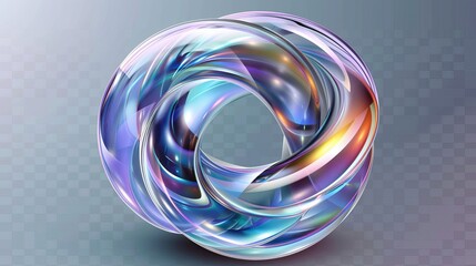 Wall Mural - Typical 3D glass object isolated on white background. Modern illustration of glossy clear iridescent surface with glossy clear twisted circle.