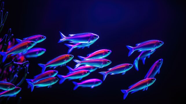 Witness a dynamic school of neon tetra fish in synchronized swim, Ai Generated.