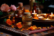 Soothing Ayurvedic massage setup with essential oils and candles.