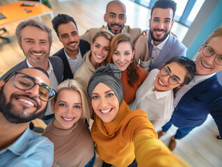 Wall Mural - Multicultural happy people taking group selfie portrait in the office, diverse people celebrating together, Happy lifestyle and teamwork concept