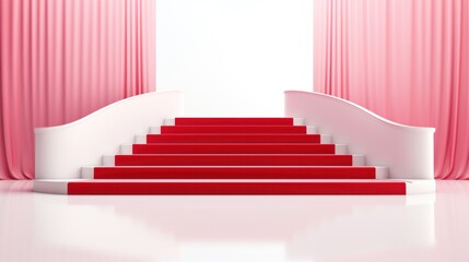 Staircase with red velvet carpet and a bright, luxurious background. business startup idea B isolated on silver background Awards Ceremony, Staircase Stage