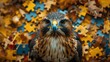 Cute hawk engrossed in a jigsaw puzzle, adding a whimsical touch, Ai Generated.