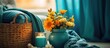 Interior Decor with Turquoise Blanket, Wicker Basket, Flowers, and Candles