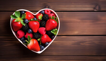 A heart shaped bowl of strawberries and blueberries on a wooden table
