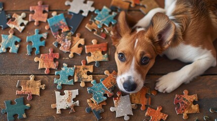 Wall Mural - Cute dog engrossed in a jigsaw puzzle, adding a whimsical touch, Ai Generated.