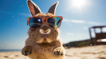 Wall Mural - Lively rabbit hops onto the beach, sporting charming sunglasses, a whimsical seaside escapade, Ai Generated.