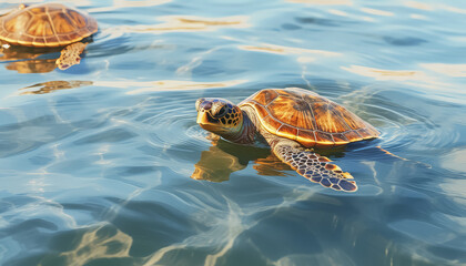 Wall Mural - Two baby turtles swimming in the ocean