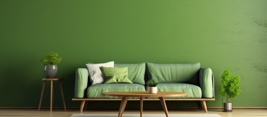 Wall Mural - Green sofa with table on green wall and wooden flooring.