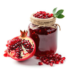 A jar of homemade pomegranate jam with fresh pomegranate, isolated on a white background. Ai Generated.