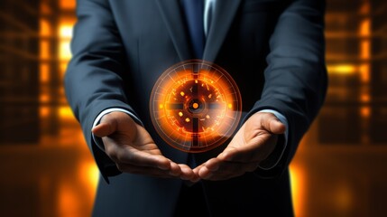 Wall Mural - businessman holding security button on virtual screens, technology internet and networking concept
