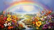 A dreamy landscape unfolds with colorful flowers, a rainbow, and sparkling raindrops, creating a magical scene. Ai Generated.