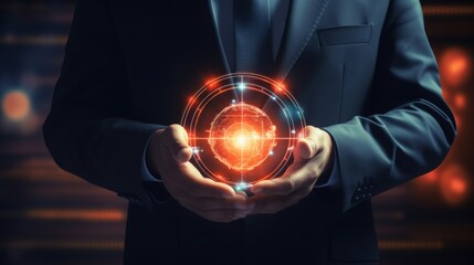 Wall Mural - businessman holding security button on virtual screens, technology internet and networking concept