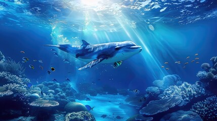 Wall Mural - Stunning blue ocean background with sunlight filtering through, revealing an enchanting undersea scene. Ai Generated