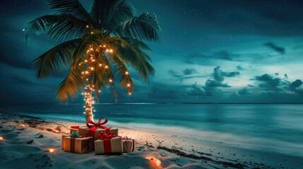 Wall Mural - A palm tree adorned with Christmas decorations stands on an exotic beach at night, Ai Generated