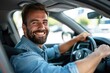 © ffunn - Handsome young man is driving a car and smiling. He is sitting on the steering wheel and looking at camera