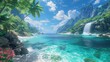 Paradise Found, Depict an idyllic paradise, where lush landscapes meet crystal-clear waters under a perfect sky, inviting viewers to imagine themselves in a blissful utopia