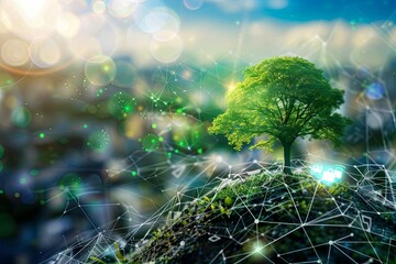 Poster - Solitary Tree on a Digital Hill with Network Connections
 A lone tree stands atop a digital hill, its leaves basking in light, with network connections symbolizing the integration of nature and techno