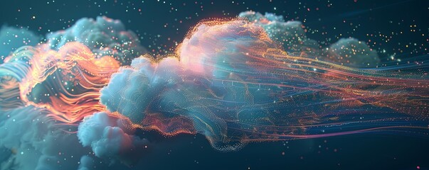 Poster - Abstract Data Stream Cloud Formation in Digital Space
 Vivid abstract visualization of a cloud made up of dynamic data streams, symbolizing the flow of information in digital spaces.
