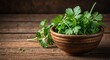 Young coriander leaves in a bowl on a wooden table from Generative AI