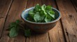 Young Perilla leaves in a bowl on a wooden table from Generative AI