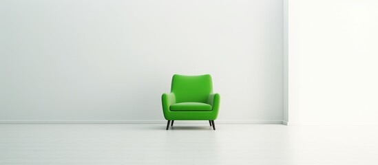 Wall Mural - An automotive design green chair with comfortable armrests made of wood is the only furniture in an empty room with white walls and flooring