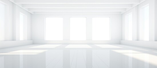 Poster - A rectangular grey room with transparent material windows and a wooden ceiling, allowing tints and shades of natural light to filter through the haze and fog