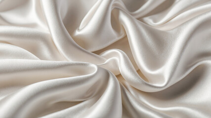 Soft and smooth white silk satin background. Highly detailed and wavy crumpled bed sheet texture. AI-Generated