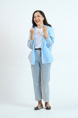 full leght shoot of happy asian Indonesian woman wearing casual attire on isolated background