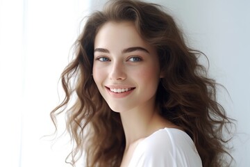 Poster - Woman with long brown hair is smiling and looking at camera