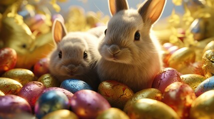 Wall Mural - Two baby rabbits are sitting on pile of Easter eggs