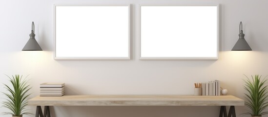 Poster - Two rectangular white frames are displayed on the wall above a hardwood desk. The contrast between the white frames and the wood creates a visually appealing look