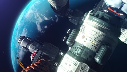 Wall Mural - a modular spacecraft flying in space orbiting a planet
