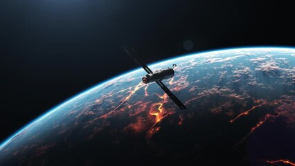 Wall Mural - the space module is flying through the darkness of space in the orbit of a planet, where chaos and t