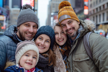 Poster -  a happy family taking a photo during winter in New York City