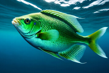 School green fish swimming in blue ocean water tropical under water. Fishes in underwater wild animal world. Observation of wildlife Indian ocean. Scuba diving adventure in Maldives coast. Copy space