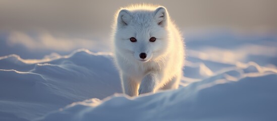 Wall Mural - A carnivore terrestrial animal with electric blue fur, whiskers, and a snout resembling a dog breed, the white fox stands in the snow, gazing at the camera in a majestic circle