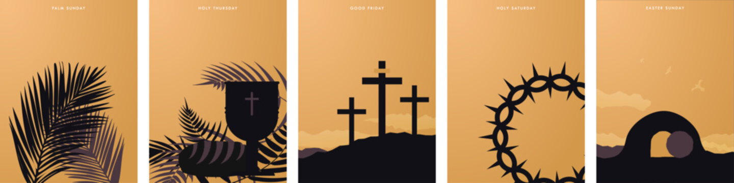 Simple Minimalist Holy Week Posters. Sunset Background color with silhouettes of religious icons and symbols. Two sets of palm, bread and cup, three crosses, crown of thorns, resurrection. Vector.